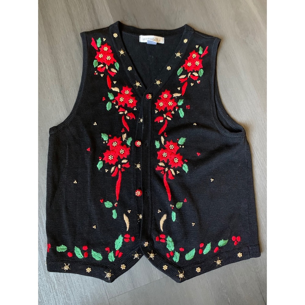 Womens M vintage red black embroidered holly Christmas floral sweater‎ vest knit